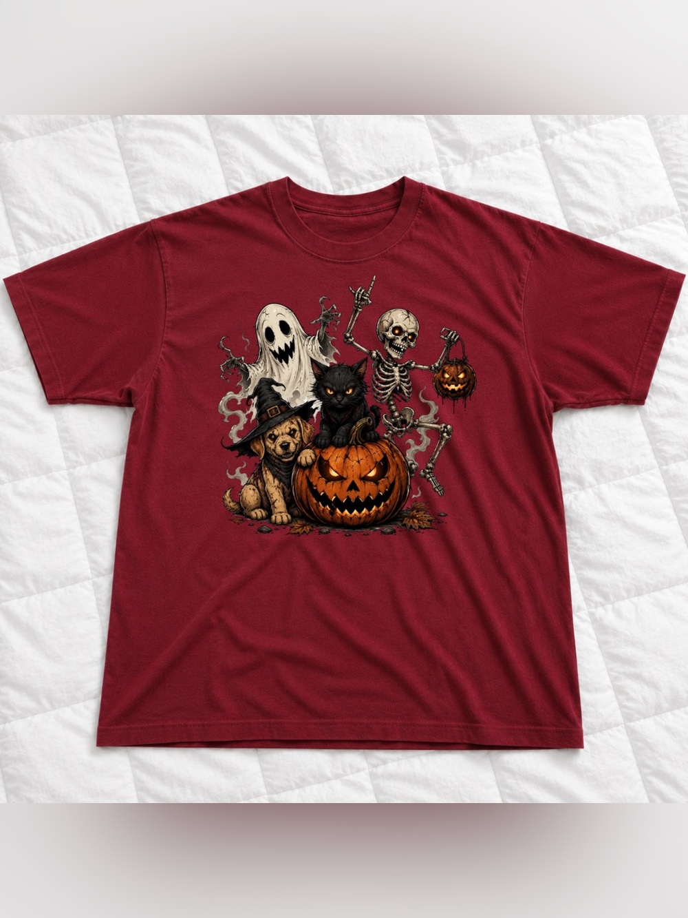 Red Halloween Graphic Tee -Pumpkin Cat Dog Ghost And Skeleton Print For Unisex
